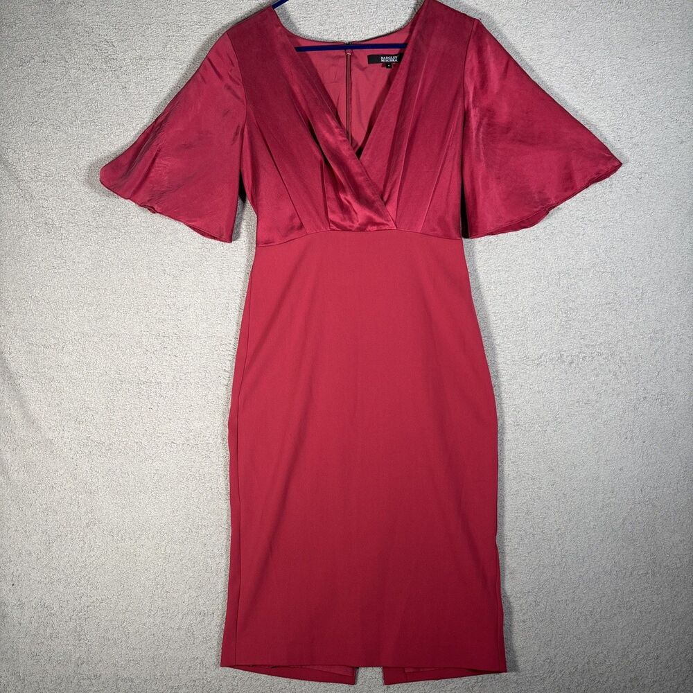 Badgely Mischka Size 4 Butterfly Sleeve Crepe Satin Sheath Dress Silk Faux Wrap